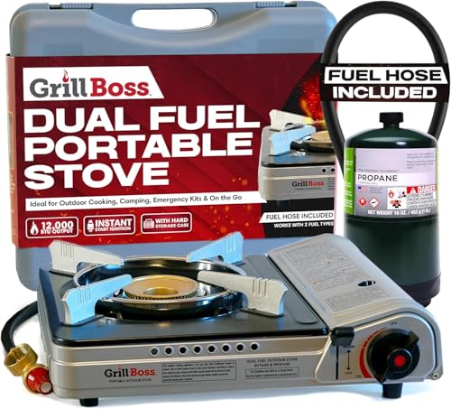 Grill Boss Dual Fuel Camp Stove - 12,000 BTU Butane & Propane Portable Stoves for Camping, Emergencies, BBQ, Hiking & Backpacking - Double Wind Guard, Instant Piezo Ignition System - 90057