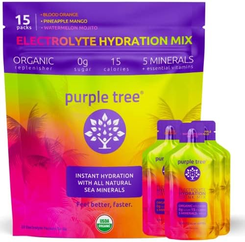 purple tree Organic Electrolyte Hydration Packets, Sugar Free, All Natural, Daily IV Hydrate Packs for Rapid Rehydration Relief - Water Drink Mix, Variety Pack, 15 Units