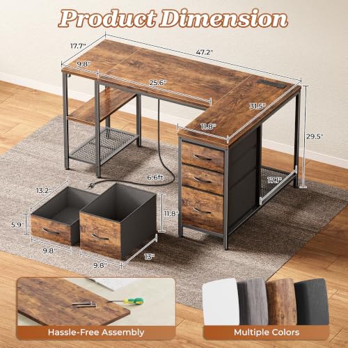 PRAISUN 47.2'' L Shaped Office Desk with Power Outlets and 3 Drawers - image 3
