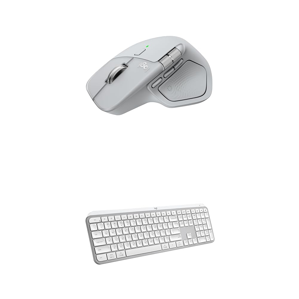 Logitech MX Master 4 Ergonomic Wireless Bluetooth Mouse with Haptic Feedback + MX Keys S Wireless Bluetooth Keyboard with Backlit Low Profile Quiet Keys - USB-C, Windows, Linux, Chrome, Mac-Pale Grey