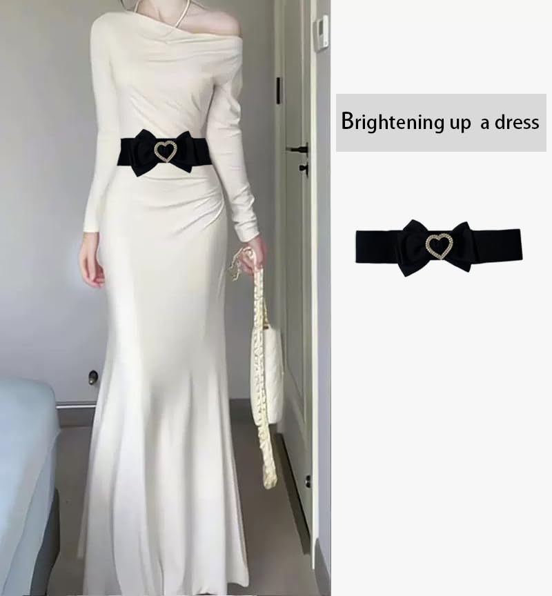 Women's Bow Knot Wide Elastic Waist Belt Stretchy Waistband with Heart-Shaped Rhinestone2