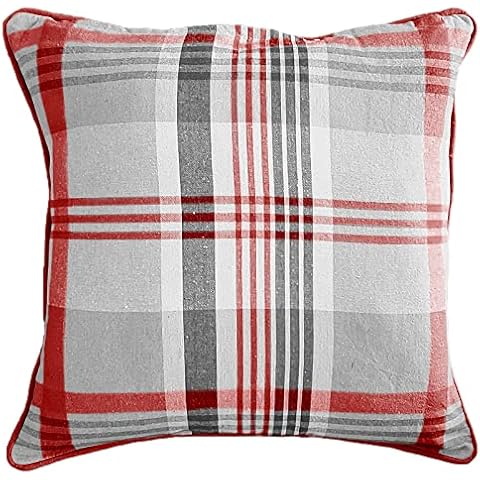 Tartan Check Plaid Design, Tartan Cushion Covers, Cotton Tartan Scottish Checked Pack of 4 Filled Edge Cushion , Striped Decorative Pillowcase For Home Sofa Bedroom Living (18x18 inch, Red) Cover