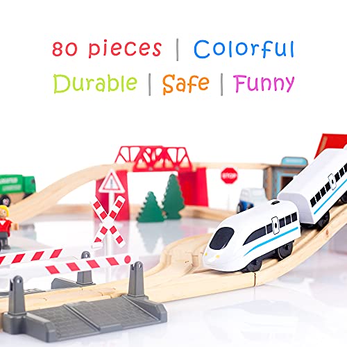 Green series Holzeisenbahn Set für Kinder - Eisenbahn Holz | Spielzeug Zug | Polizeistation, Autobahn und Bahnset mit Brücke, 80 Teilen, 378 cm lang | Holz Eisenbahnen | Holzzug | Modell GS0010 – Bild 4