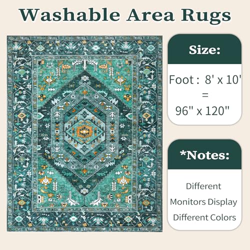 SERISSA Washable 8x10 Area Rugs Teal, Large Non-Slip Boho Living Room Rug, Ultra Soft Print Distressed Vintage Oriental Tribal Farmhouse Carpet for Dining Room Bedroom Dorm Office Home Decor