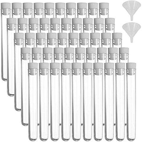 Lainrrew 50 Pcs Test Tubes, Clear Plastic Test Tubes with Caps & 2 Funnels for Scientific Experiments, Candy Beads Sample Storage, Kids Party Supplies, Halloween, Christmas (13 x 75mm) Cover