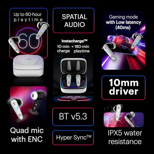 Image of Noise Buds Combat X In Ear Truly Wireless Gaming Earbuds With 40Ms Low Latency, 60H Of Playtime, Spatial Audio, RGB Lights, Instacharge(10 Min=180 Min),10Mm Driver,BT V5.3(Covert White)