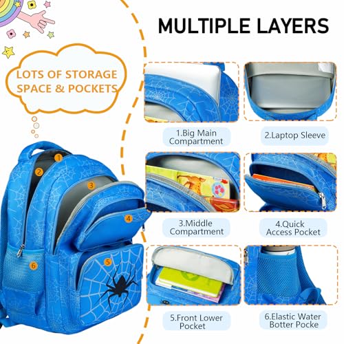 AUIVTY Kids Backpack Boys Spider Backpack with Lunch Box Kindergarten Elementary Middle School Toddler Bookbag for Boys Ages 4-14, Spider-Blue — view 3