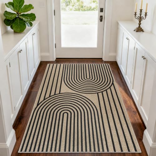 VSIWB Faux Jute Rugs for Entryway, 3' x 5' Indoor Outdoor Rug, Black Farmhouse Washable Ultra-Thin Non-Slip Area Rug for Foyer, Backdoor, Living Room, Kitchen, Bedroom, Balcony