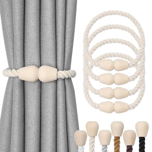NICEEC 4 Pack Wooden Magnetic Curtain Tiebacks Elegant Boho Home Decoration Drape Tie Backs Natural Cotton Handmade Rope Curtain Holdbacks for Home & Office Window Drapery (Beige)