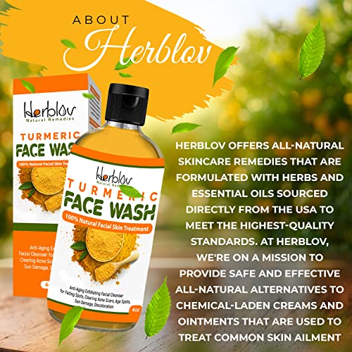 Herblov Turmeric Face Wash, 4Oz Turmeric Clear Skin Liquid Soap – 100% Natural Anti Aging Exfoliating Turmeric Facial Cleanser For Spots, Clearing Acne Scars, Age Spots, Sun Damage, Discoloration – Turmeric Soap Skin Detox Made In Usa #TOP6
