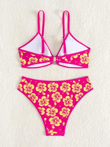 Image of Fanuerg Women's Triangle Bikini Sets O Ring Linked Two Piece Swimsuits Floral Printed Cheeky Bathing Suit