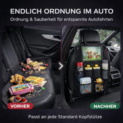 HerzensKind Autositz Organizer & Rückenlehnenschutz – Sitzschutz Auto Rückenlehne mit 13\ Tabletfach | Rückenlehnenschutz Auto Kinder mit 9 Taschen | Auto Organizer Kinder (2 Stück)