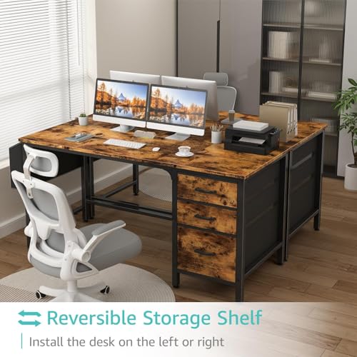 Lufeiya Computer Desk with Fabric File Drawers Cabinet, 55 Inch Home Office Desks with Filing Cabinet for Small Space, Study Writing Table PC Desks with Storage for Bedroom, Rustic Brown - Thumbnail 4