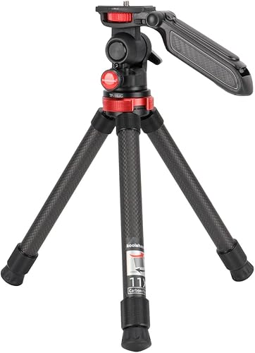 Koolehaoda Trípode de mesa de fibra de carbono con mango de soporte para teléfono, cabeza inclinable y panorámica de 360, trípode de viaje ligero y