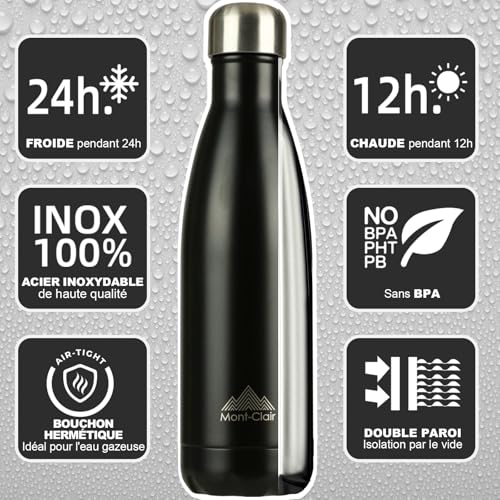 Image of Mont-Clair Stainless Steel Water Bottle, Vacuum insulated - BPA Free, 12h Hot & 24h Cold Drinks, Metal Water Bottle 25 oz Leakproof, Ideal for Adult, Kids, Running - Black