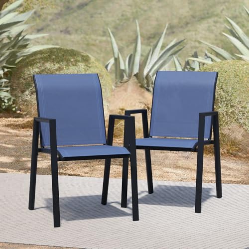 Puntogen Stackable Patio Chairs Set of 2, Outdoor Dining Chairs with High Back & Metal Frame, Lightweight Sling Chair for Lawn Garden Deck, Blue