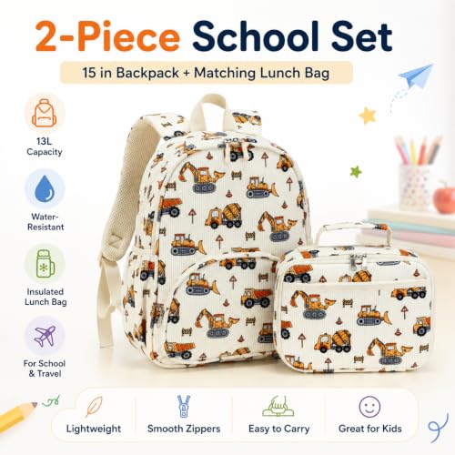 Image of LOIDOU Kids Backpack with Lunch Box Set, Toddler Preschool Boy Backpack with Chest Strap Kindergarten Backpack LunchBox Combo (Construction Car)