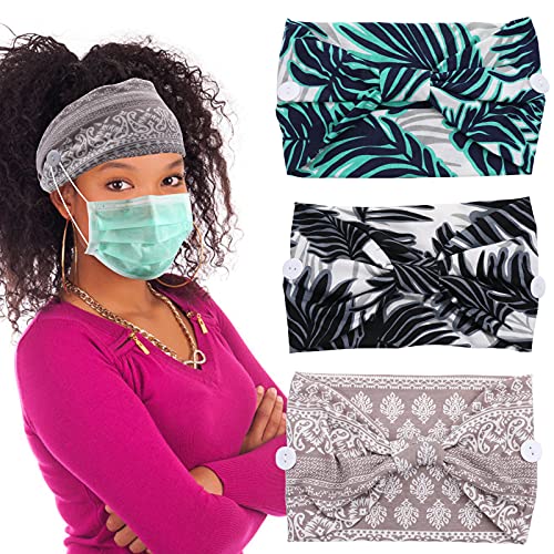 ASTER 3Pieces Women Boho Headband Wide Button Nurse Face Cover Boho Elastic Sports Headwear Yoga Ear Saver Hair Band Workout Headwrap