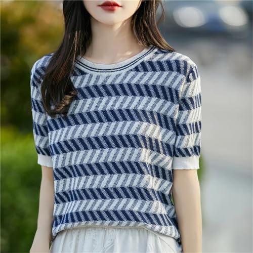 Pull d'été en coton femme chic haut tricoté ample col rond mode - 6