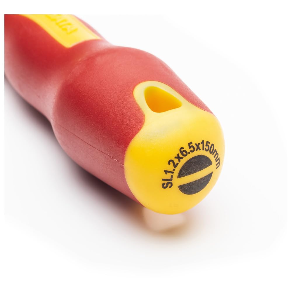 SATA ST61325SC VDE izolowany elektryk 6,5 mm śrubokręt z łbem szczelinowym z uchwytem VDE i stalowym ostrzem S2, 6,5 x 150 mm