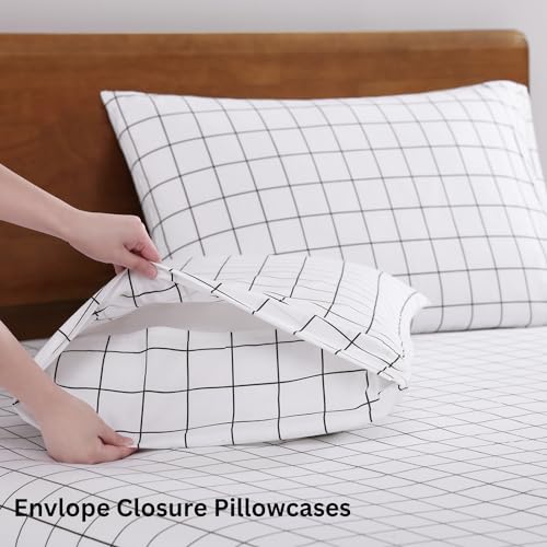 Image of LANE LINEN 100% Organic Cotton King Size Sheets Set, Soft Breathable Sheets Percale Weave, All Season Machine Washable Hotel-Quality Mercerized Fully Elasticized Printed King Sheet Set - Windowpane