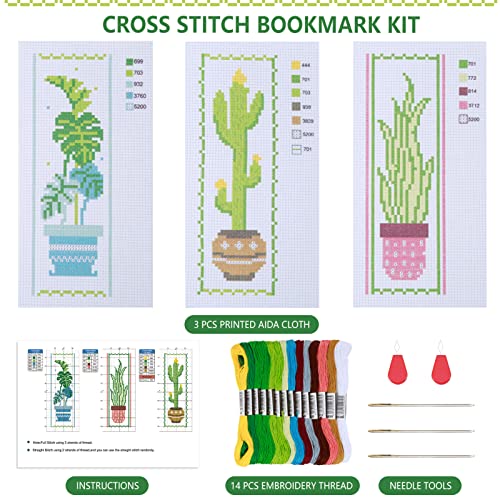 Caydo 3 Pcs Cross Stitch Bookmark Kits, Stamped Embroidery Bookmark Kit For Kids Adults Beginner, Diy Counted Crossstitch Christmas Gift For Book Lovers(Green Plants) #TOP2