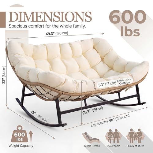 Image of NICESOUL Oversized Double Rocking Papasan Chair with Thick Cushion, 2 Person Big Wicker Outdoor Comfy Recliner, Extra Large Heavy Duty Egg Loveseat for Patio, Balcony, Backyard, Garden, Beige