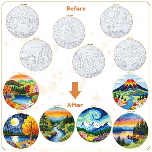 Image of BEUNITONE 6 Pack Hand Embroidery Starter Kit for Adults with Pre-Print Scenery Pattern, Needlepoint Kits with Embroidery Hoop and Instructions, DIY Funny Craft Kits for Gifts and Home Decor
