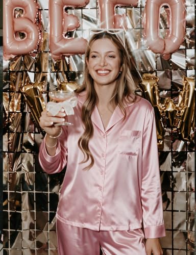 Image of SWOMOG Long Sleeve Pajamas Set Silk Satin Sleepwear Button Down Pjs Loungewear with Pocket