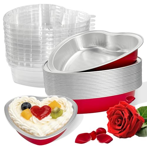 Obantrsz Heart Shaped Cake Pans 20 Count Disposable Aluminum Foil Baking Tins with Lids - 7 Oz Mini Heart Muffin Pans for Cupcakes Mothers Day Valentines Day Wedding Christmas (Red)