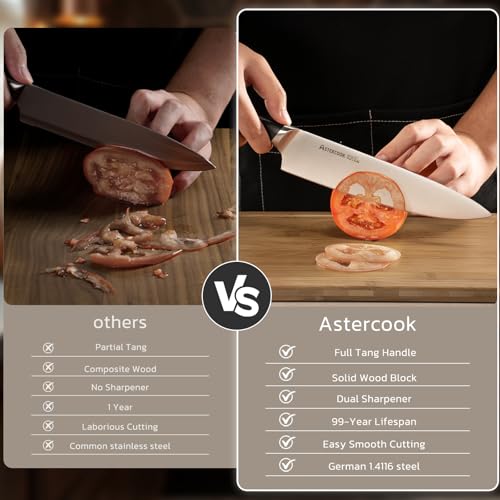 Image of Astercook Knife Set, Kitchen Knives Set with Block and Sharpener Full Tang 17 Pcs German Stainless Steel Knives Sharp Blade Dishwasher Safe Premium Knife Set, Black Father Day Gifts for Men