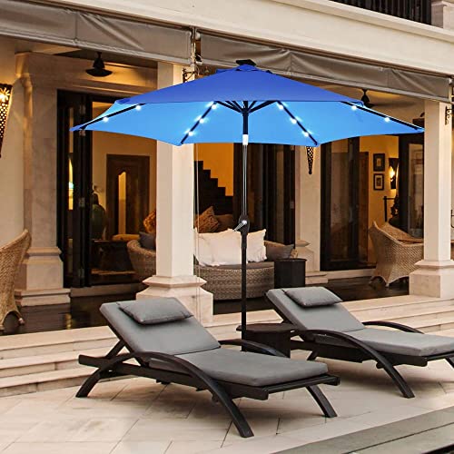 Blue Patio Umbrella with Solar Lights 9ft Handy Crank Lift Push-Button Tilt Mechanism Air Ventilation 6 Sturdy Ribs Water Resistant | All Season Hexagonal Shape Weight: 12 Lbs Wind Resistance Durable
