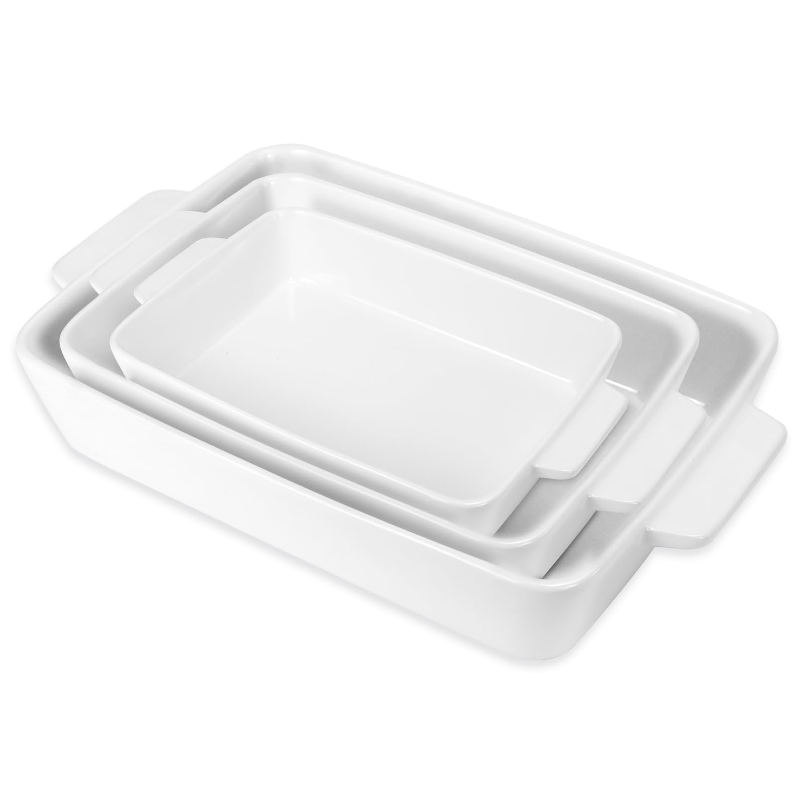 3 Pcs Ceramic Oven Dishes Set, White Rectangular Baking Dishes with Handles, Stackable Casserole Dish Set for Lasagne Roasting Pasta and Dessert (2.2L/ 1.4L/ 1.3L)