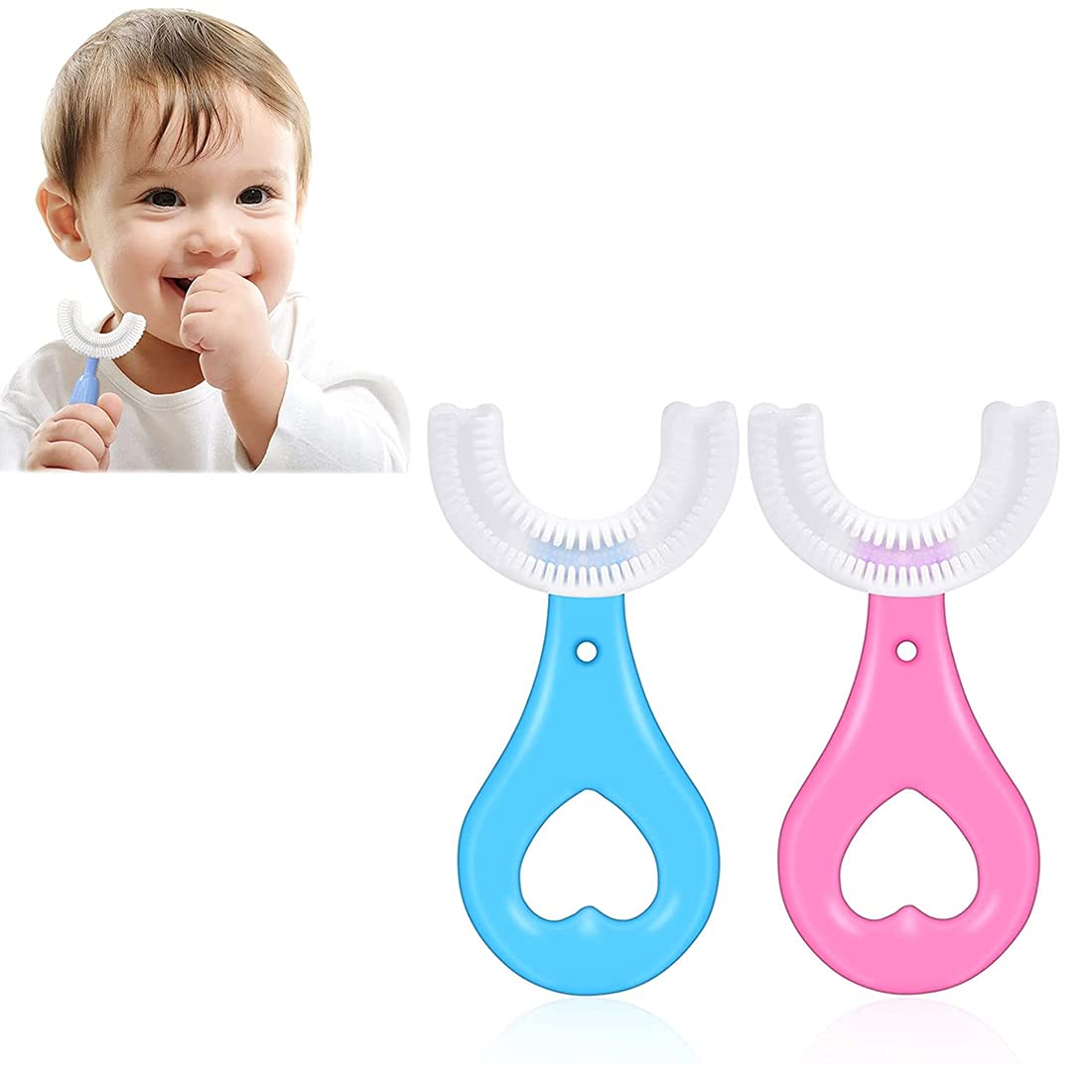 DEEPOW 2 Pack Kids U-Shaped Toothbrush, (Aged 2-6) Kids Training Toothbrush Tools Silicone Bristles Massage Gums Cleaning Whole Mouth Toothbrush (Pink & Blue)