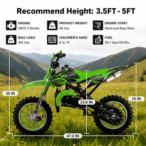 Image of 50cc Dirt Bike, 2 Stroke Gas Mini Bike for Kids 8-14 with Front Rear Disc Brakes, 10 Inch Off-Road Tires, Shock Absorption, Seat Height 23.6in, Max Speed 40mph, 2026 Upgraded,Green