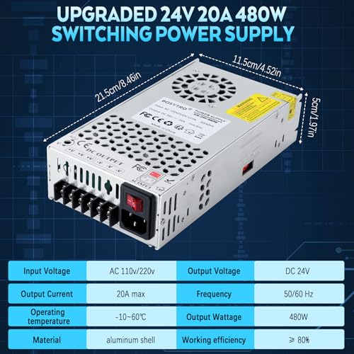 Upgraded Output Port 24V 20A 480W DC Switching Power Supply, Universal Transformers AC110V/220V (SMPS), 24 Volt Power Supply for 3D Printer, CCTV Camera Security System(Without Power Cord)2