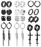 【JUEGO DE PENDIENTES NEGROS PARA HOMBRE】 Recibirás 12 pares de pendientes de acero inoxidable. Incluye arete redondo, aretes redondos con imán de CZ, arete de aro no perforado, aretes de aro colgantes cruzados, aretes colgantes de plumas. Adecuado tanto para hombres como para mujeres, te hace llamativo entre las personas.