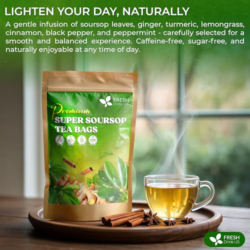 Image of FreshDrinkUS, Super Soursop Herbal Tea - 60 Tea Bags | Soursop, Ginger, Turmeric, Lemongrass, Cinnamon, Black Pepper & Peppermint | Caffeine-Free, Natural Flavor, Plant-Based Blend | Sugar-Free