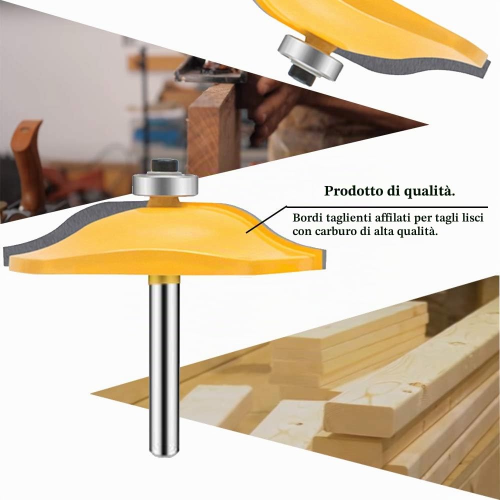 Maylne Set di 3 frese per fresatrice da 6,35 mm, con pannello rialzato rotondo per ante di armadietti, con codolo da 6,35 mm, giallo