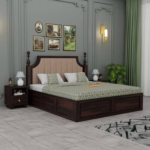Image of Solid Sheesham Wood King Size Bed with Box Storage, Wooden Bed for Bedroom Cot Bed Furniture for Bedroom Home and Hotel (Classic Bed Walnut)