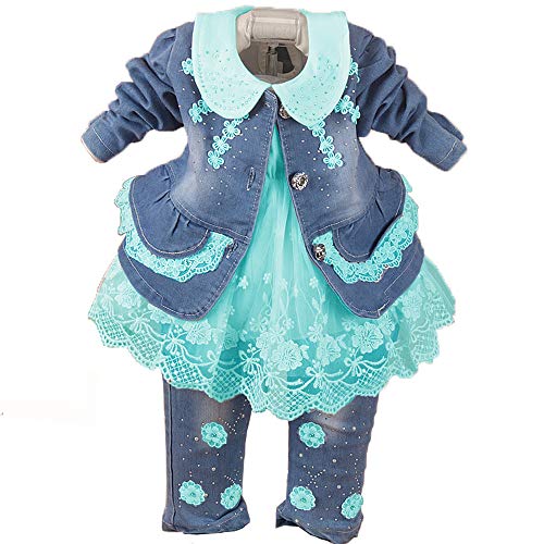 Spring Autumn Little Girls 3 Pieces Denim Clothing Set Long Sleeve Lace Dress Floral Denim Jacket Coat and Jeans (2-3Y,Lace-Green)