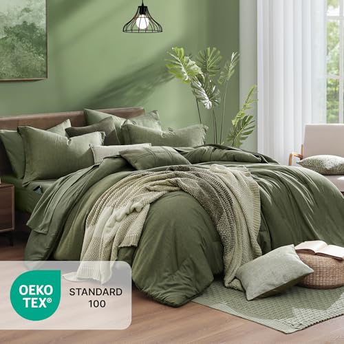 Image of Monbix Oversized King Comforter Set - 7 Pieces Cationic Dyeing Olive Green Bed in a Bag Bed Sets with Comforter, Sheets, Pillowcases & Shams, Reversible Bedding Comforters Sets (120 * 98)