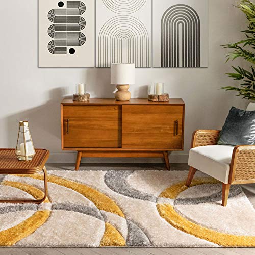 Image of Meraz Carpet 5x7 Feet Rectangular Yellow Silver Microfiber Anti Skid Soft Fluffy Area Rug for Living Room Bedroom Kids Room Modern Home Decor