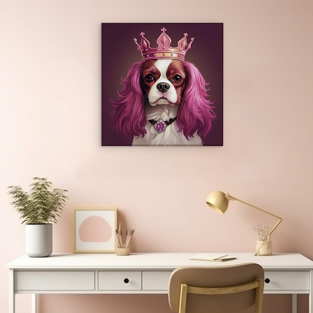 Canvas for Living room. Princess Pooch: A Regal Canine in a Whimsical Pink World, 27 x 18 inch Canvas Wall Art - Cavalier King Charles Spaniel - Zen Wall Decor