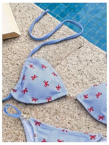 Image of RoseSeek Women's Floral Print Cheeky Bikini Sets Pearl Decor Halter Triangle High Cut String Thong Swimsuits