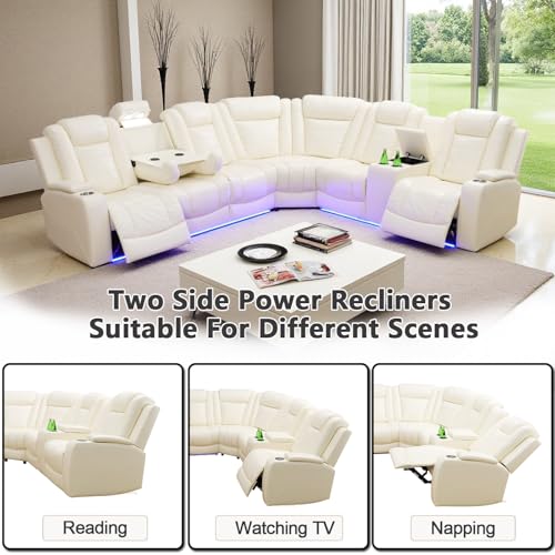 Image of Power Recliner Sectional Sofa Set with LED Light,L Shaped Leather Sectional Couch Set with 5 Recliner Seats,Modular Couches with USB Ports for Living Room Furniture,Cream White
