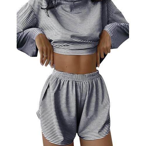 Kistore Womens 2 Piece Pajama Sets Long Sleeve Top and Shorts Sleepwear Pjs Lounge Matching Split Short Sets