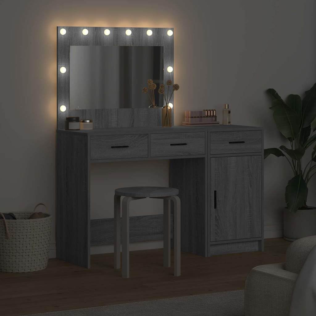 Schminktisch 2er Set Grau mit LED-Beleuchtung 78,5 x 41 x 75 cm Holzwerkstoff Kosmetikspiegelkommode Stauraum Frisiertisch für Schlafzimmer, Studio und Salon