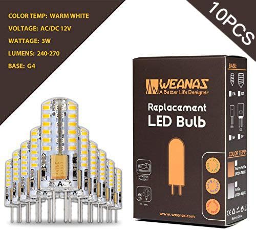 Weanas 10x G4 Base 48 LED Light Bulb Lamp 3 Watt AC DC 12V/10-20V Warm White Undimmable Equivalent to 20W T3 Halogen Track Bulb Replacement 360 Degree Beam Angle