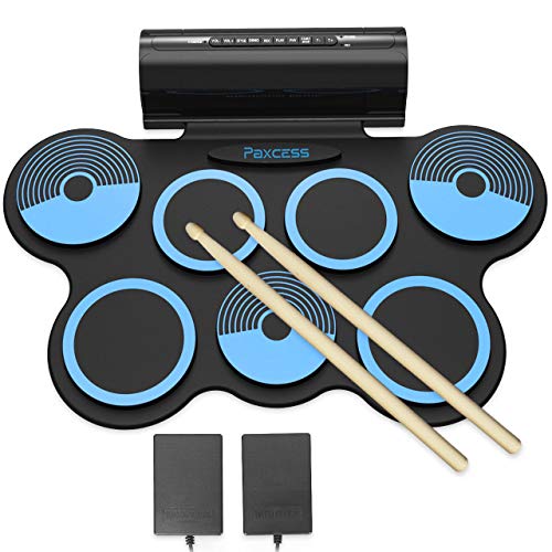 PAXCESS Electronic Drum Set 7 Pads Roll-up Practice Electric Drum for Kids with Headphones Jack, Built-in Speakers Drum Set Best Birthday Gift for Kids (Blue)